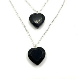 Silver Layered Black Heart Pendant Necklace